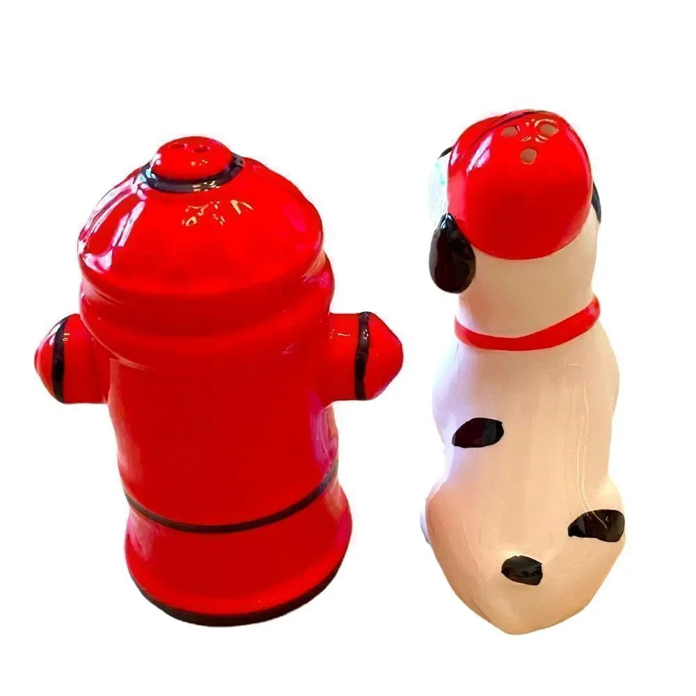 Salt And Pepper Ceramic Shakers Red Fire Hydrant & Dalmatian Dog